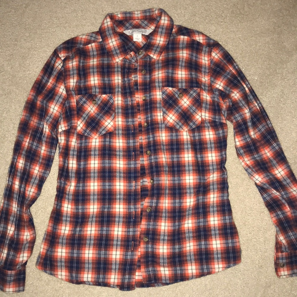 WOMENS ORANGE AND BLUE PLAID FLANNEL